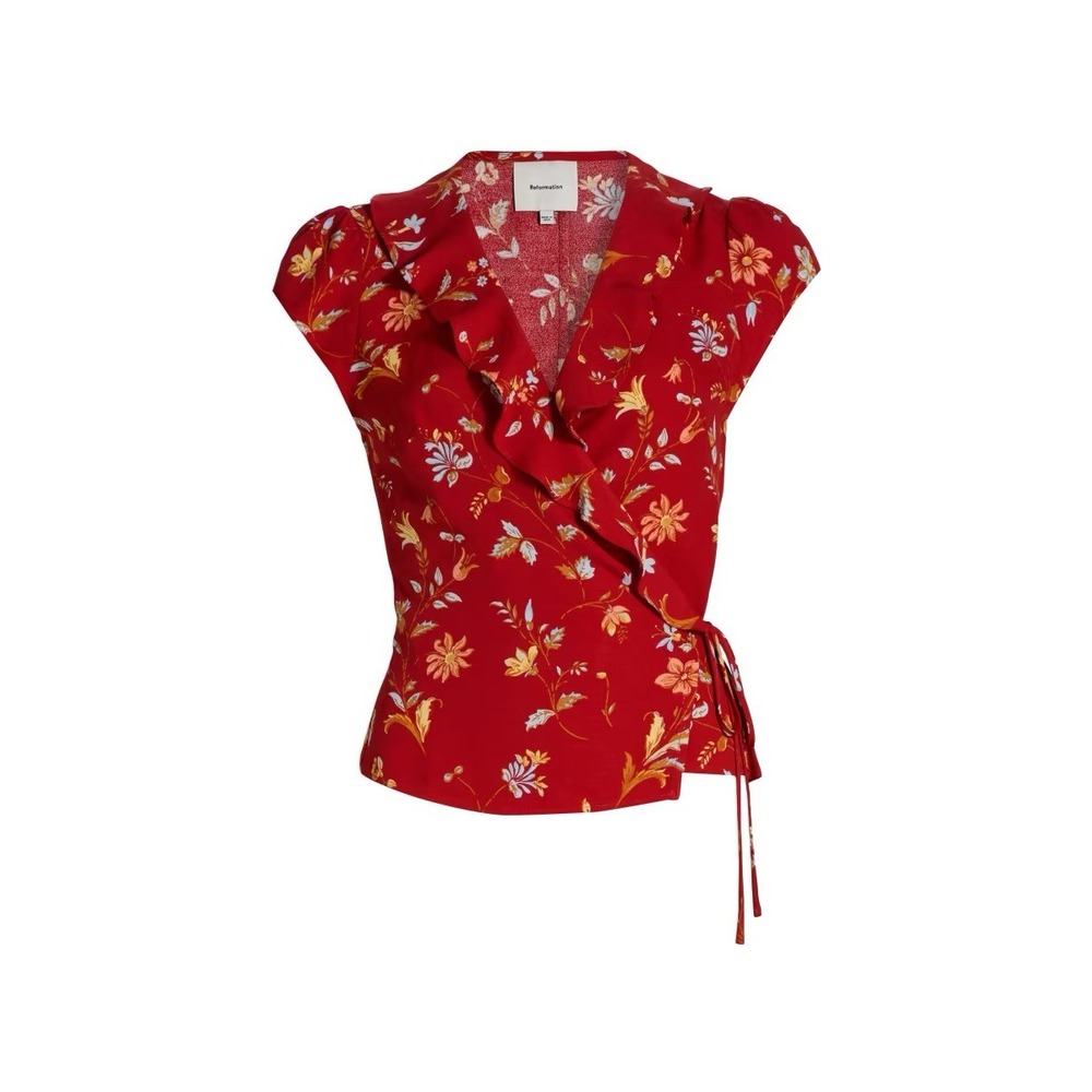 Reformation Clemence Floral Crepe Wrap Top Ruffle Tie Short Sleeve Blouse Size 4